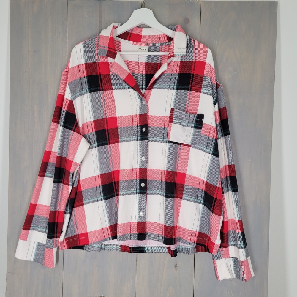 Soma Pajama Top Womens XL Red White Plaid Button‎ Down Sleep Shirt Long Sleeve